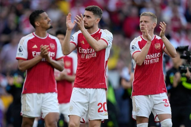 Pemain Arsenal usai laga melawan Everton di pekan ke-38 Premier League 2023/2024. (c) AP Photo/Alastair Grant